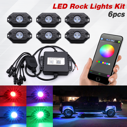 6 Pcs LED Rock Light Kit Underglow RGB+White Bluetooth Control