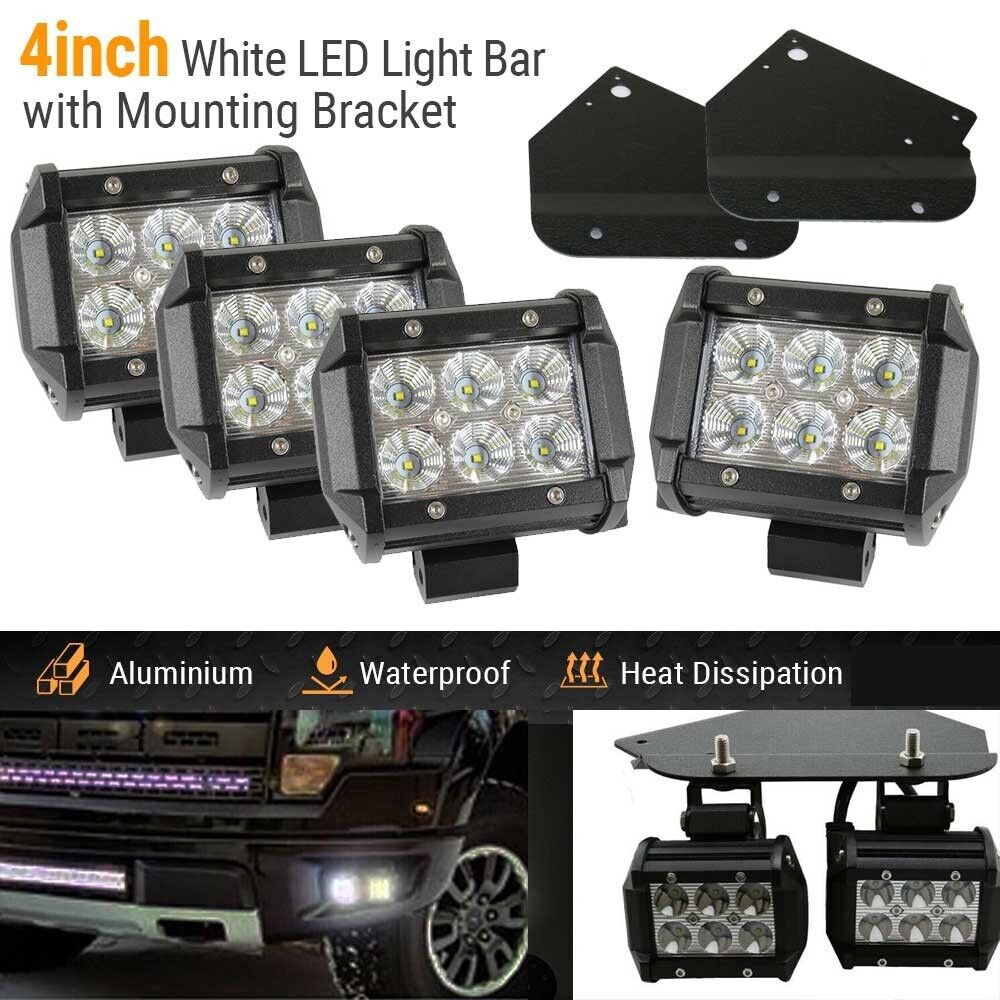 Four 4" LED Spot Beam Fog Lights w/ Bumper Brackets for 2010-2014 F-150 SVT Raptor